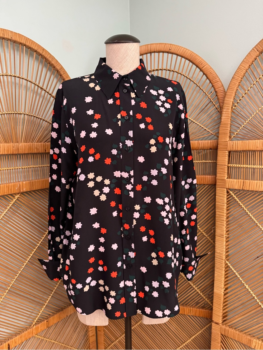 Marimekko Black Button-Down Shirt with Pink and Red Floral Print